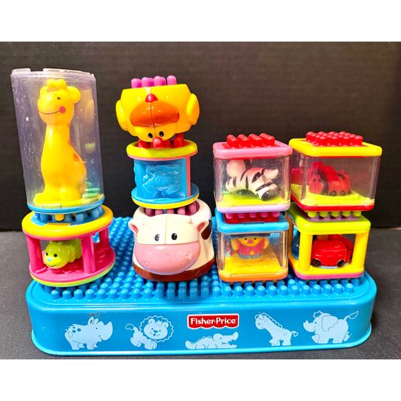FISHER PRICE PEEK A BLOCKS BRISTLE LOT OF BUCKET O' BUILDERS zoo & farm blocks - Picture 1 of 8